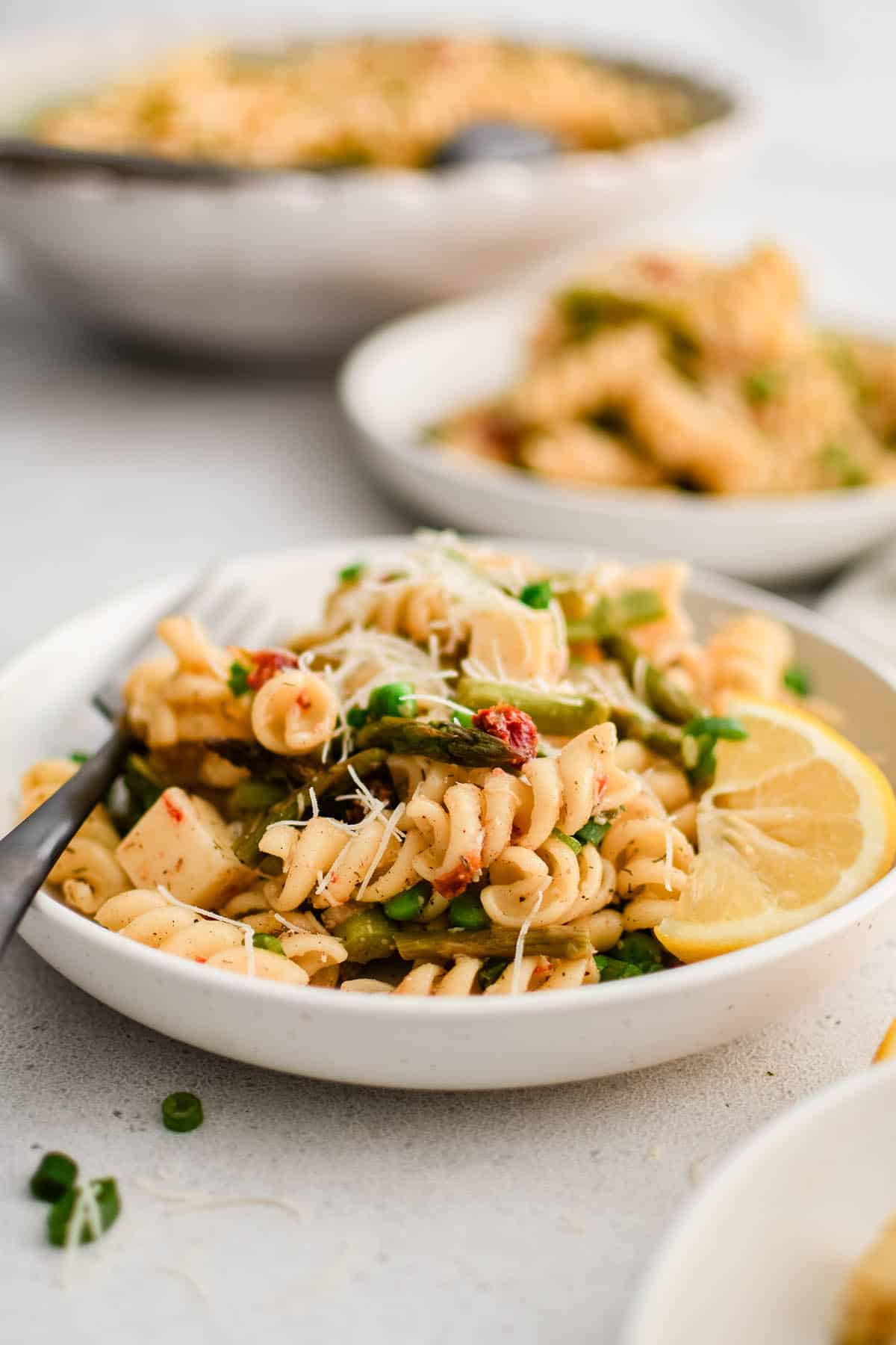 roasted asparagus pasta salad on a plate