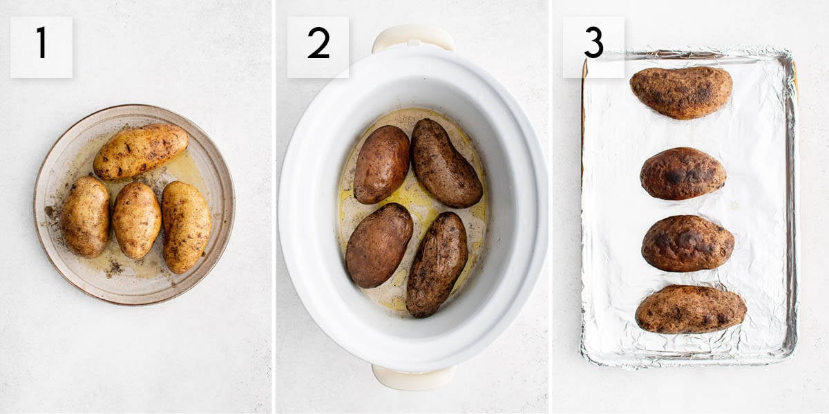 three panel collage image showing hte steps to make slow cooker baked potatoes