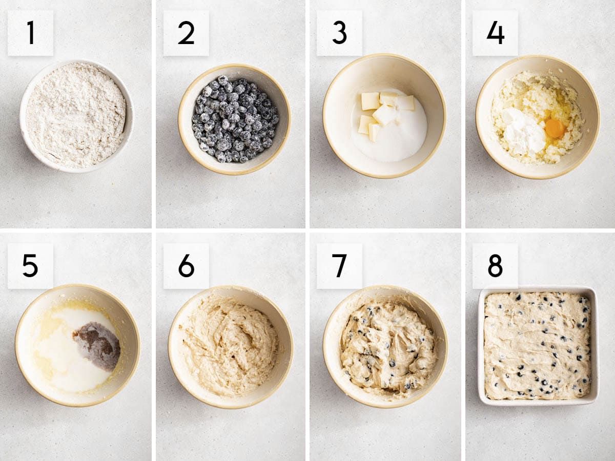 eight panel collage image showing how to make blueberry coffee cake