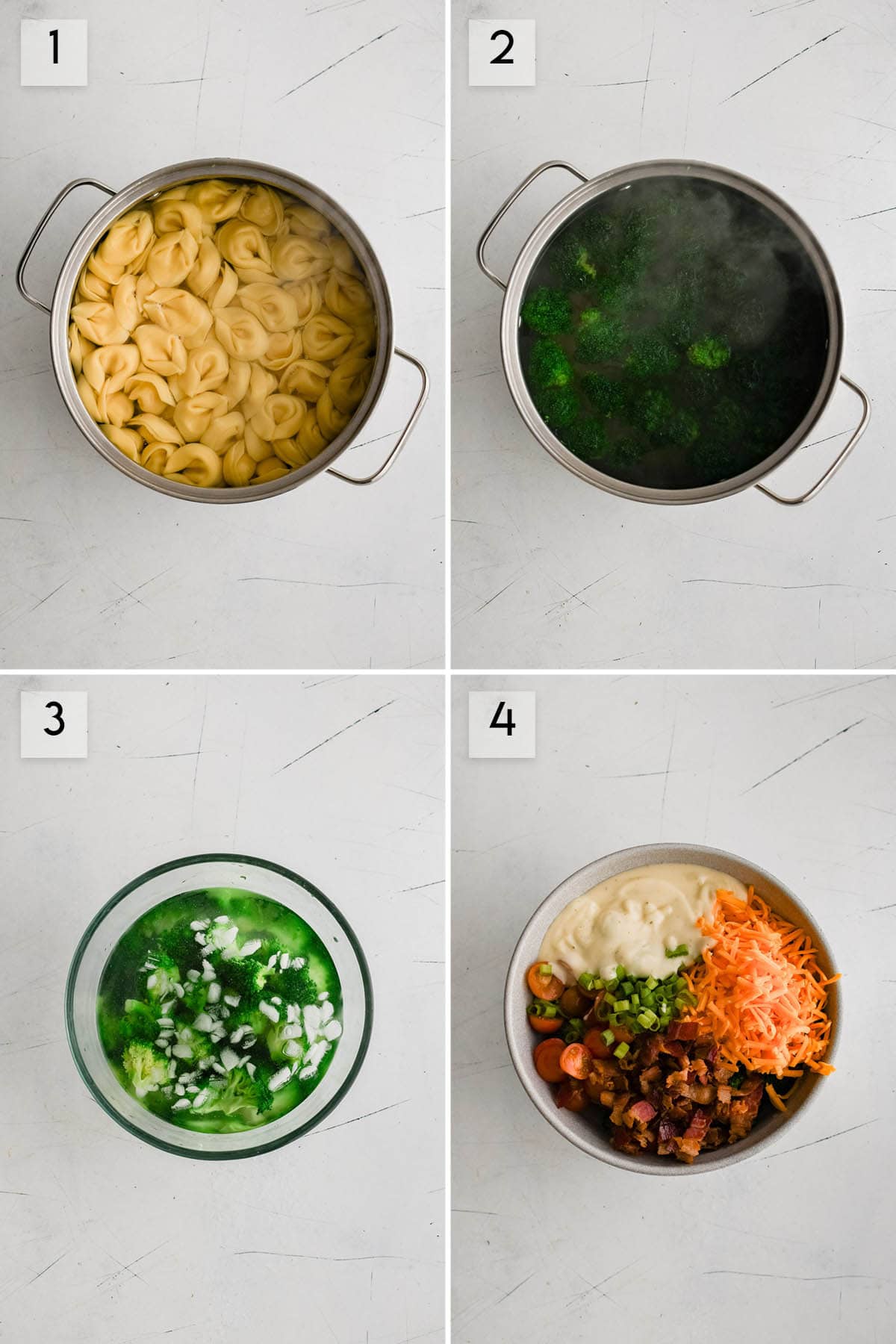 four panel collage image showing the steps of making blt tortellini salad