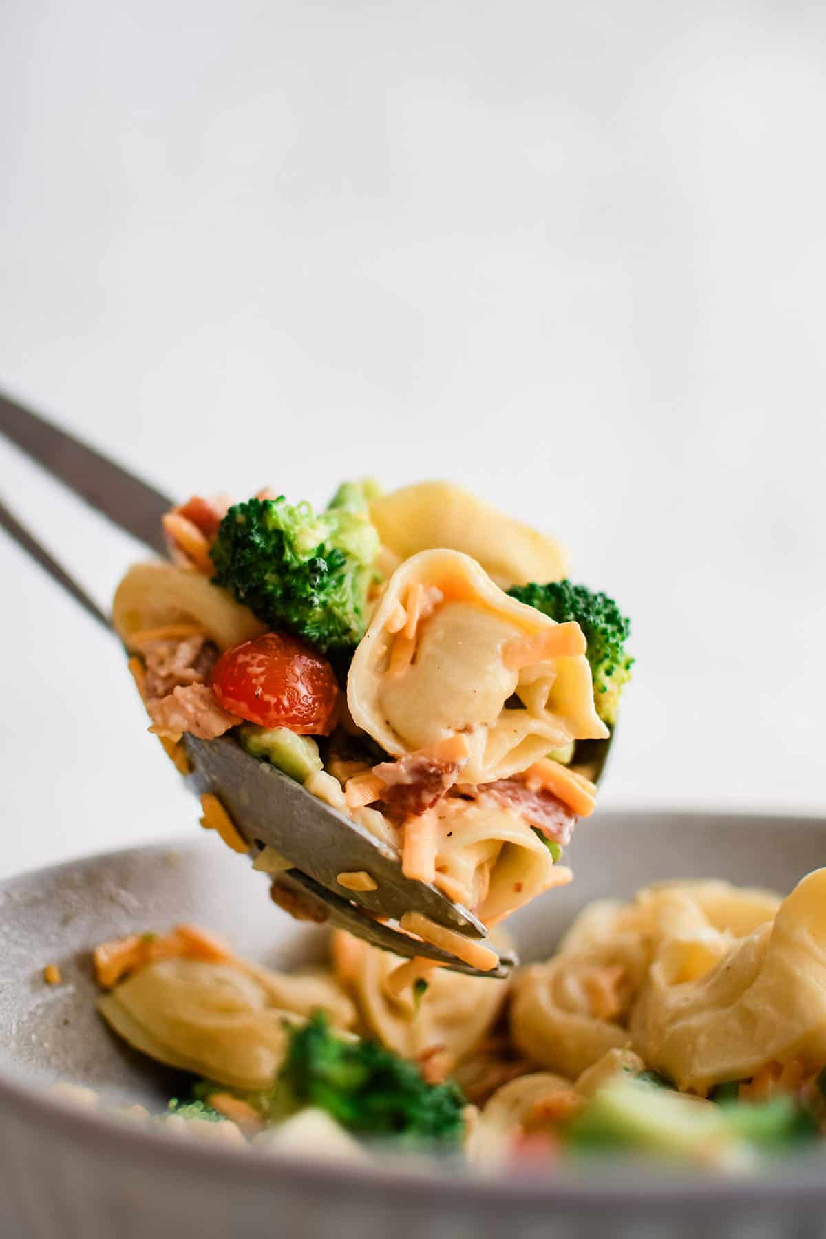 broccoli blt tortellini salad in a serving spoon