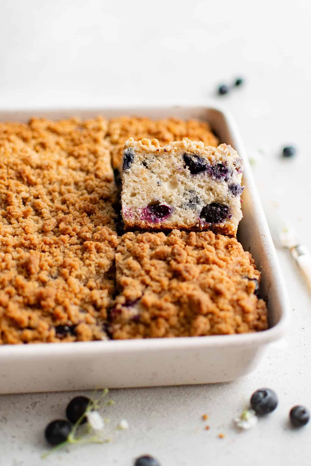 photo of blueberry coffee cake in a baking dish