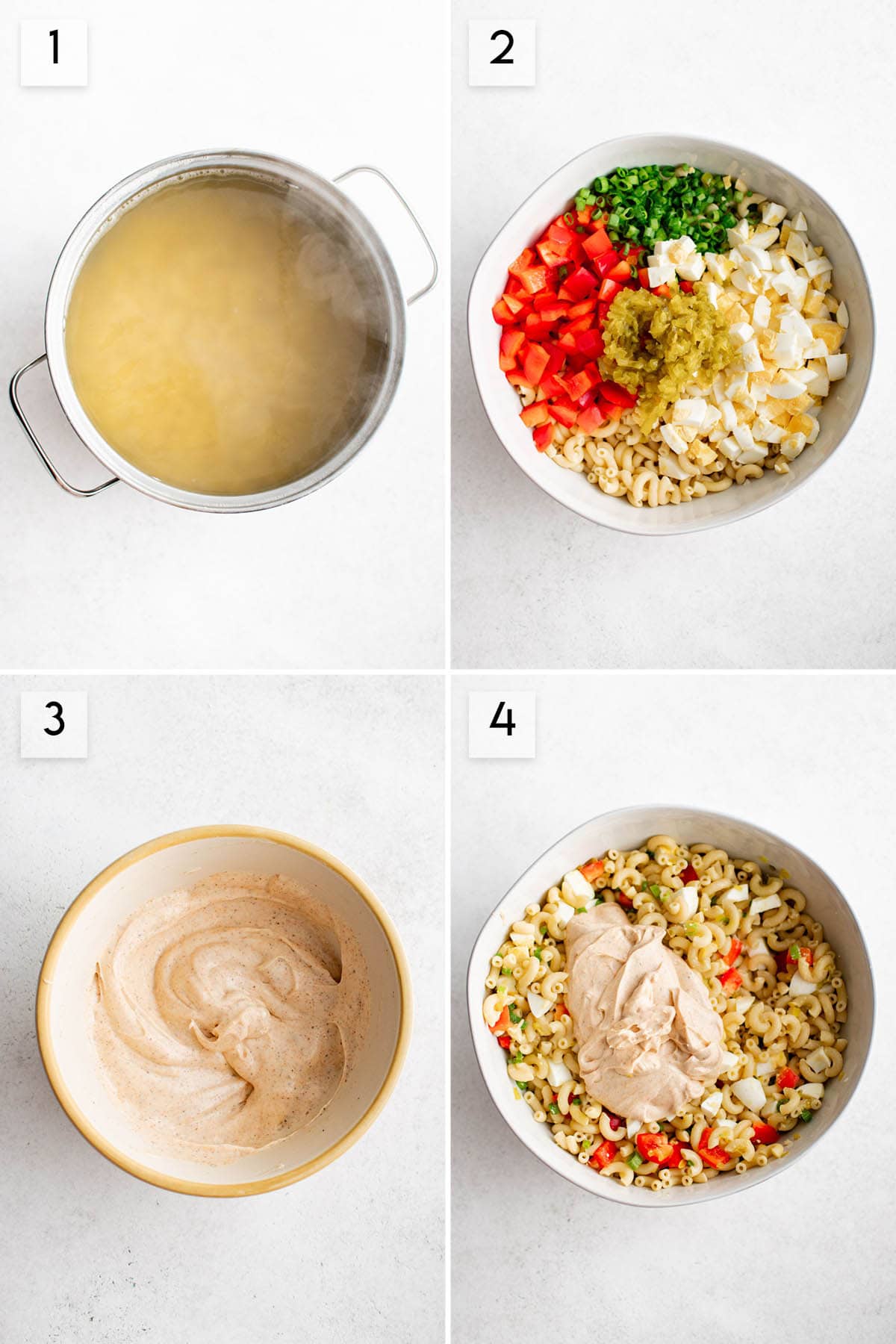 four panel collage image showing the steps of making macaroni salad