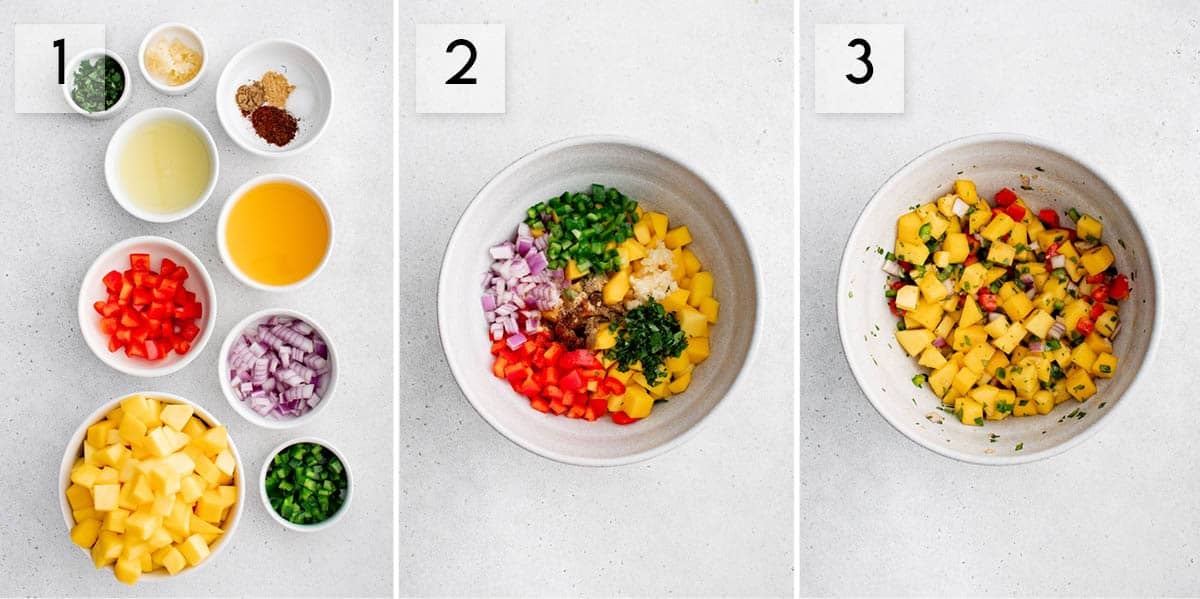 three panel collage image showing how to make mango salsa