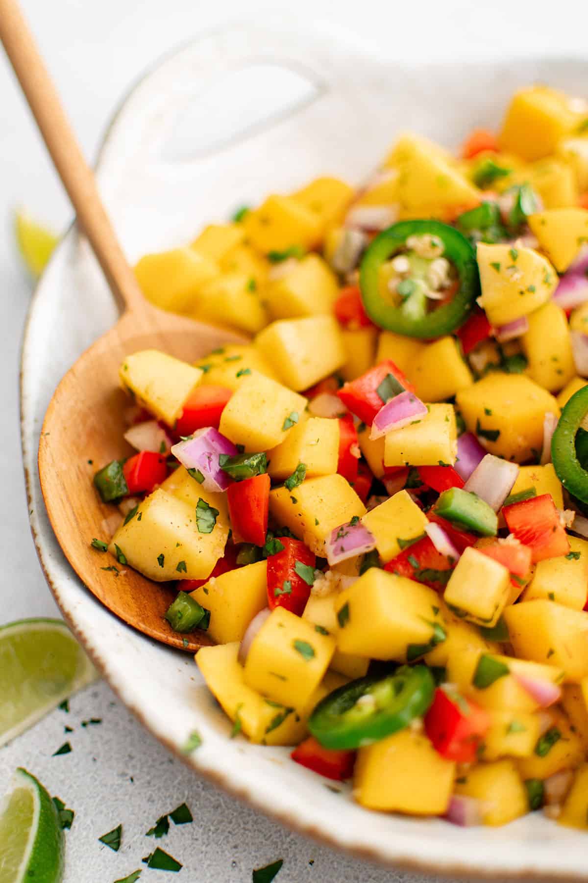 photo of mango salsa in a bowl with a spoon