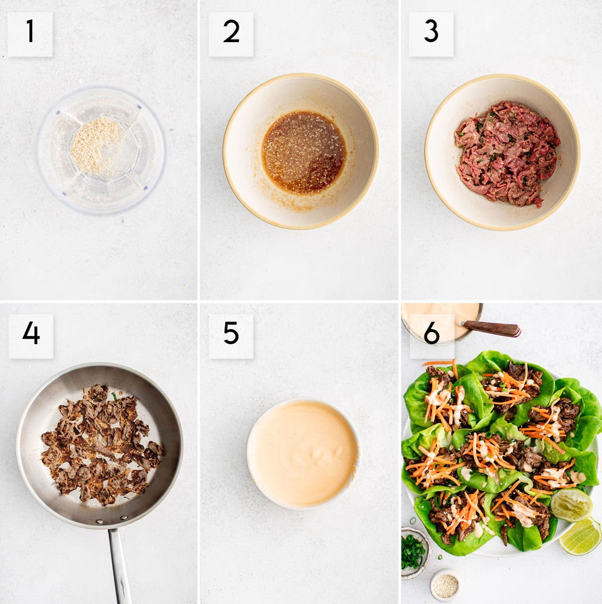 six panel collage showing how to make steak lettuce wraps