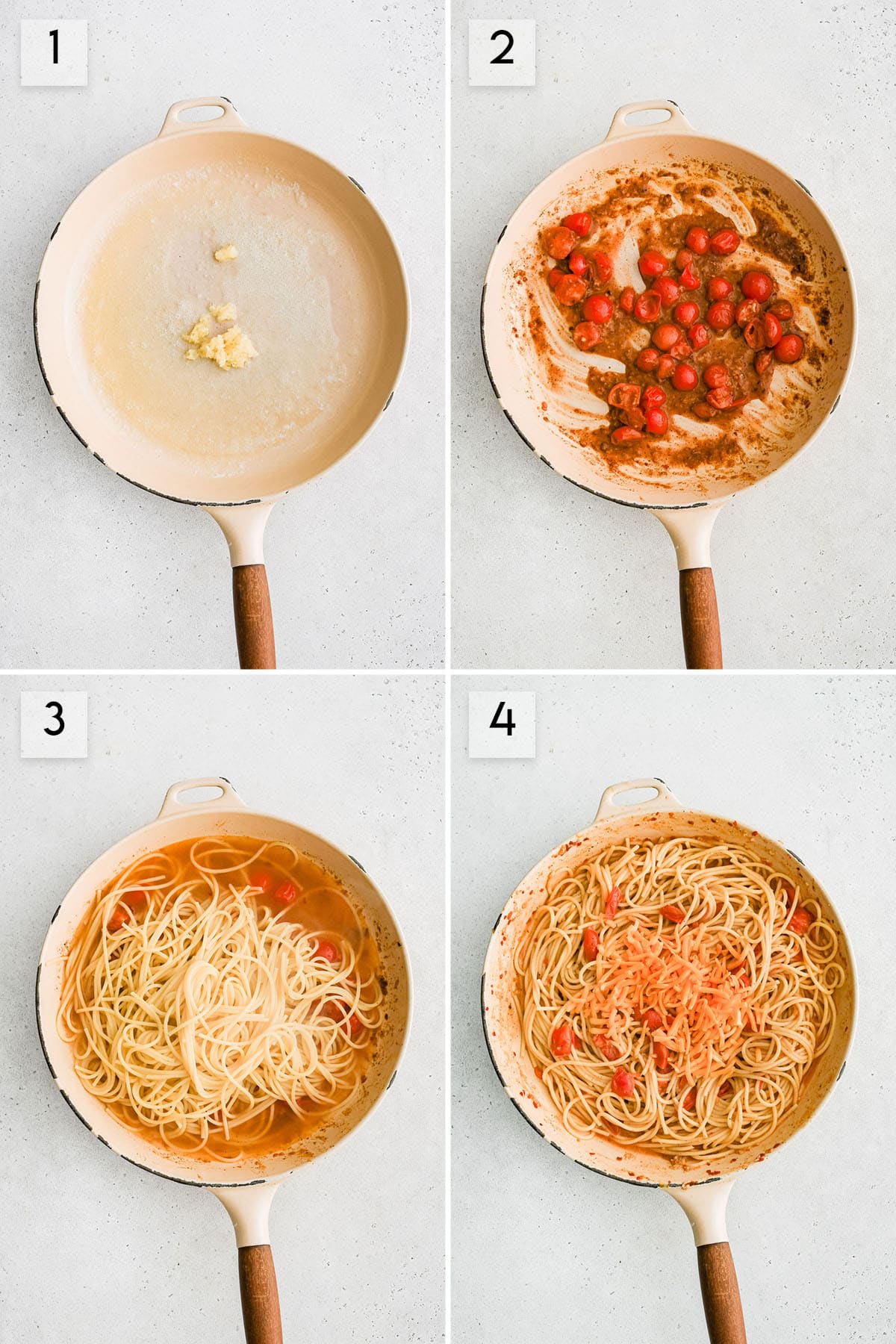 four panel collage image showing how to make cheesy tomato garlic pasta