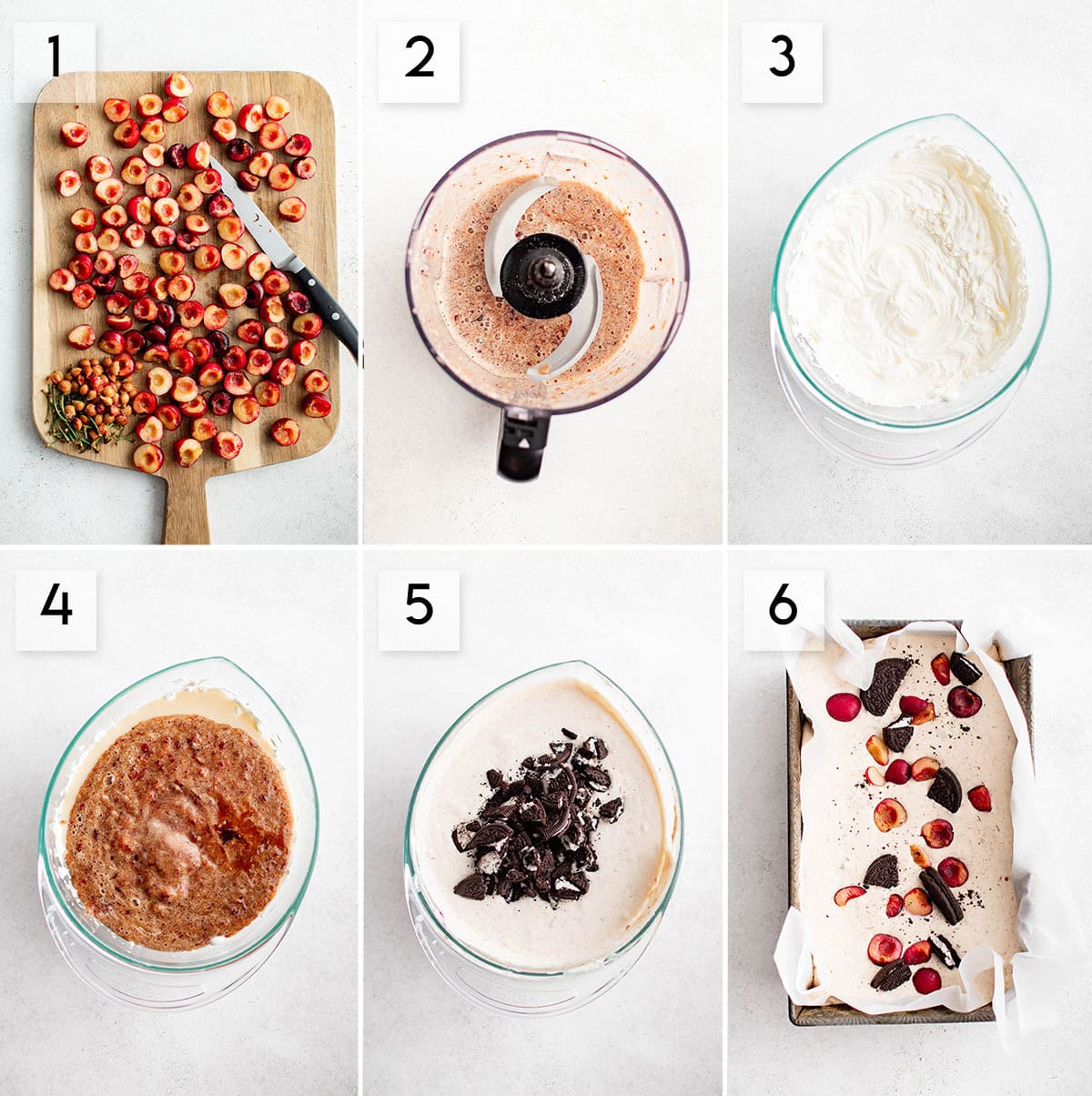 six panel collage image showing how to make no churn cherry oreo ice cream