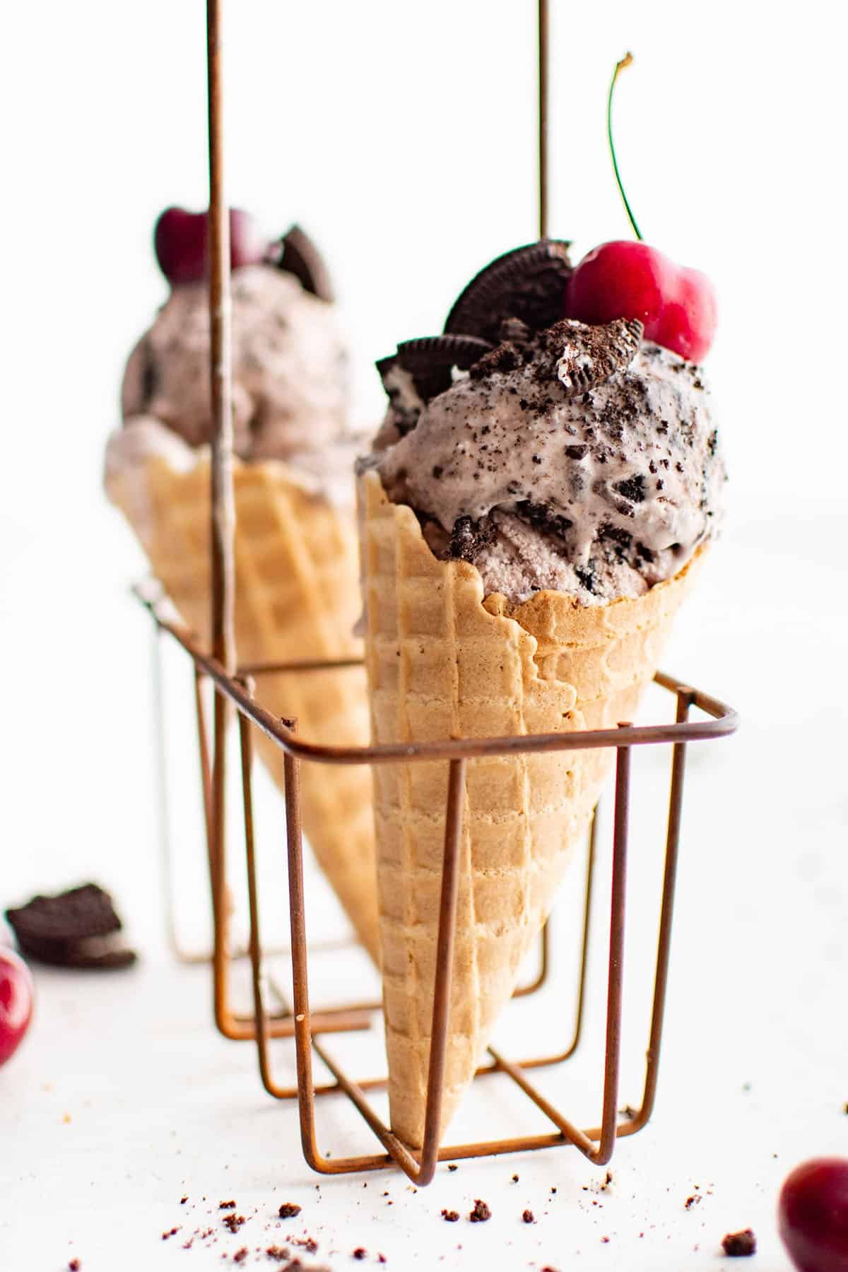 cherry oreo ice cream in cones