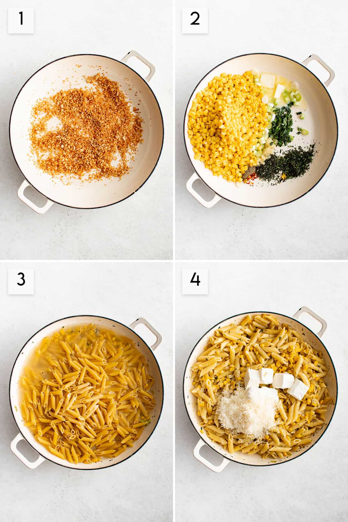 photo collage showing how to make one pot creamy corn pasta
