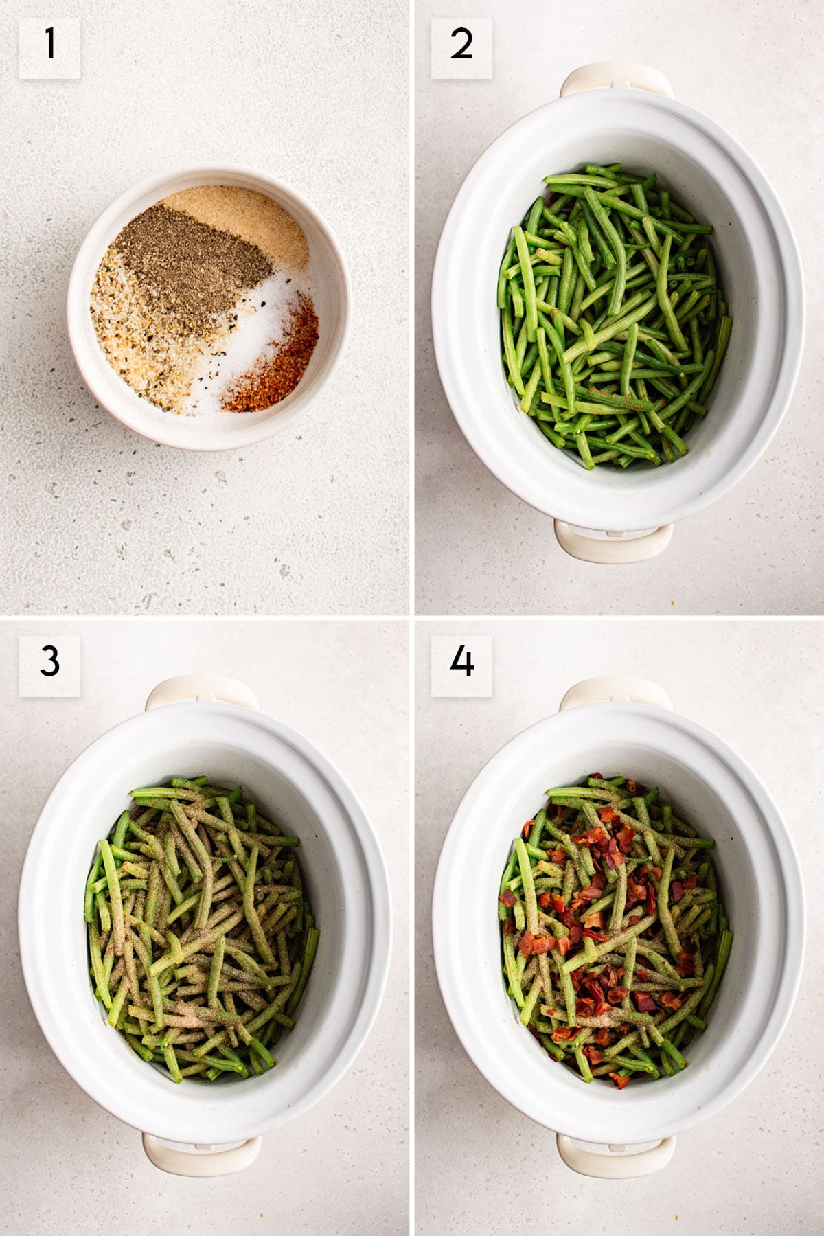 four panel collage image showing how to make crockpot green beans