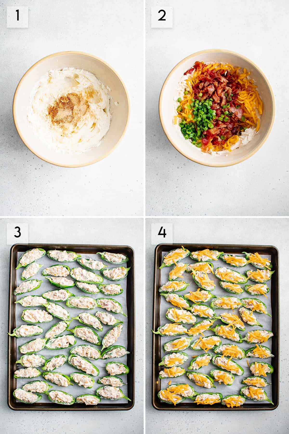 four panel collage image showing how to make jalapeno poppers