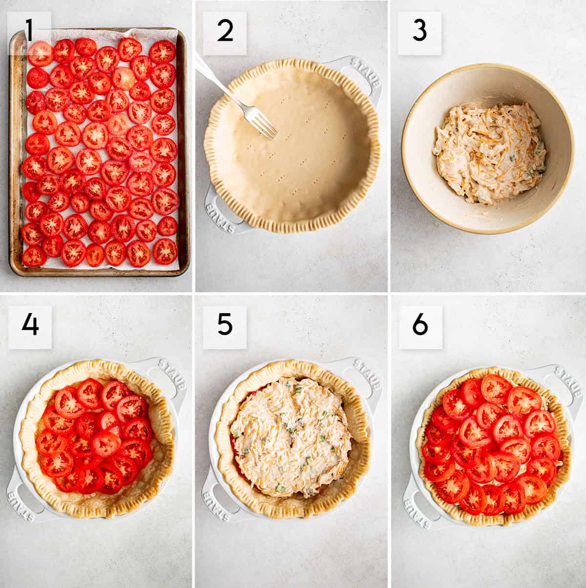 six panel collage image showing how to make tomato pie