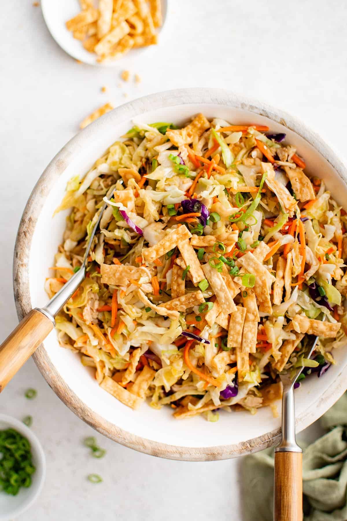 Overhead picture of Asian chicken salad in a bowl