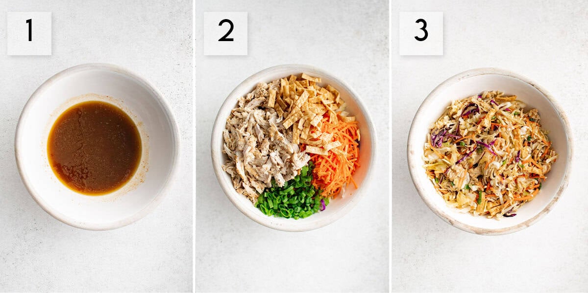 three panel collage image showing how to make Asian chicken salad