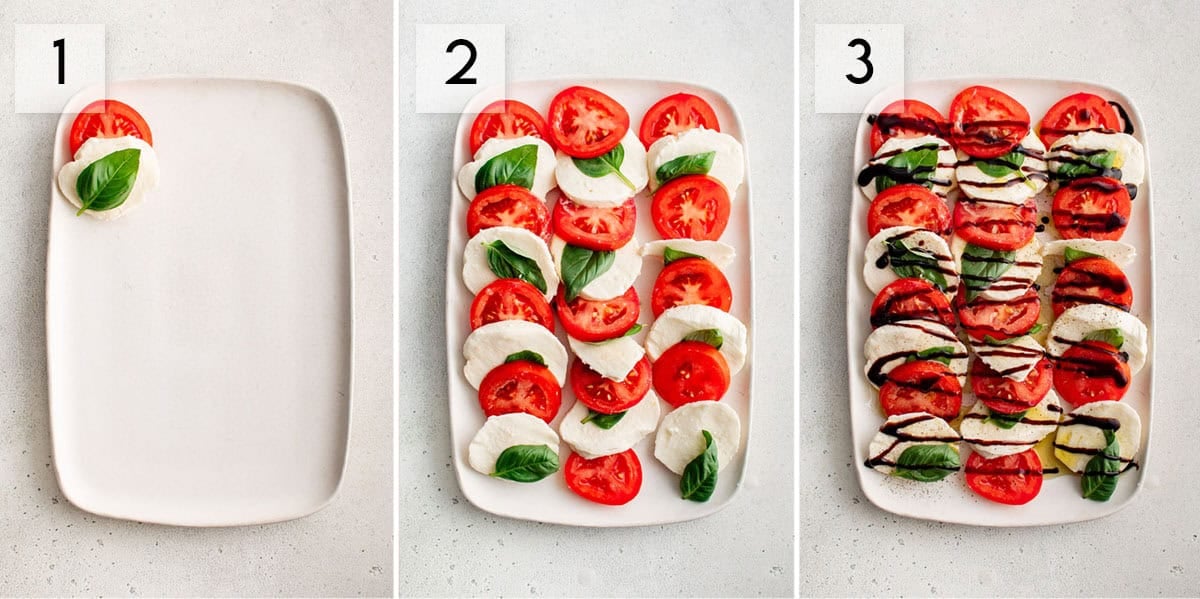 three panel collage image showing how to make caprese salad