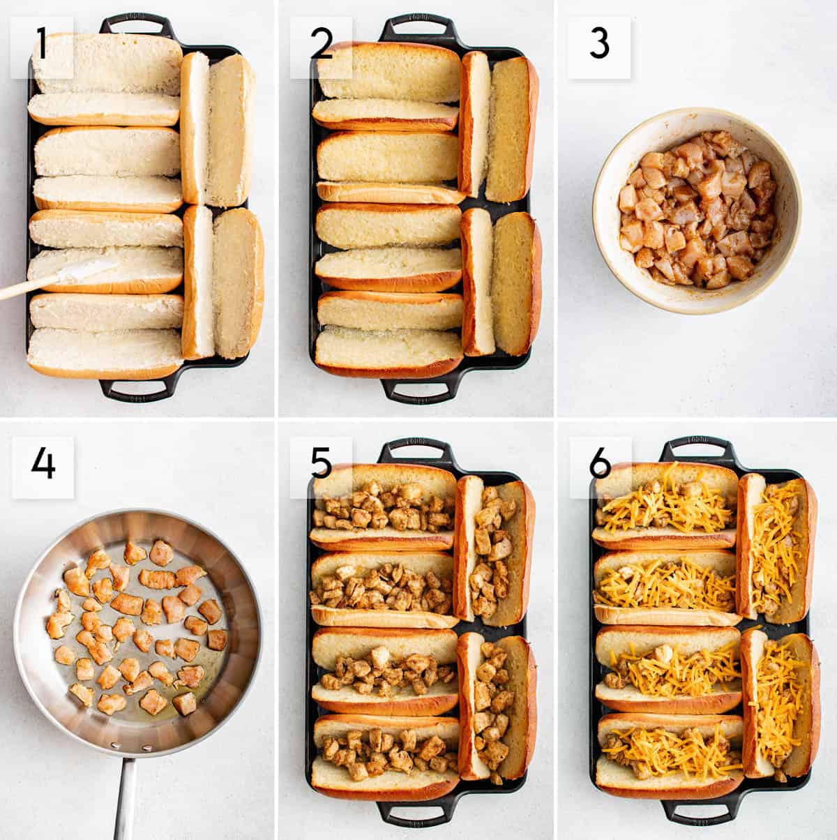 six panel collage image showing how to make cheesy chicken subs