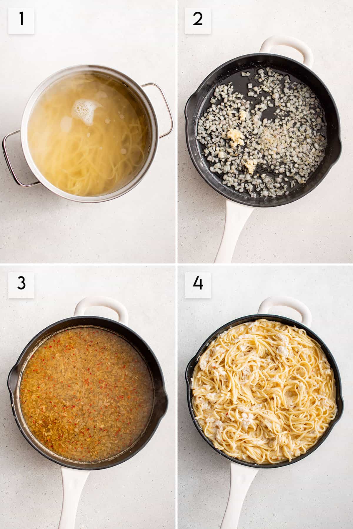 four panel collage image showing how to make crab pasta