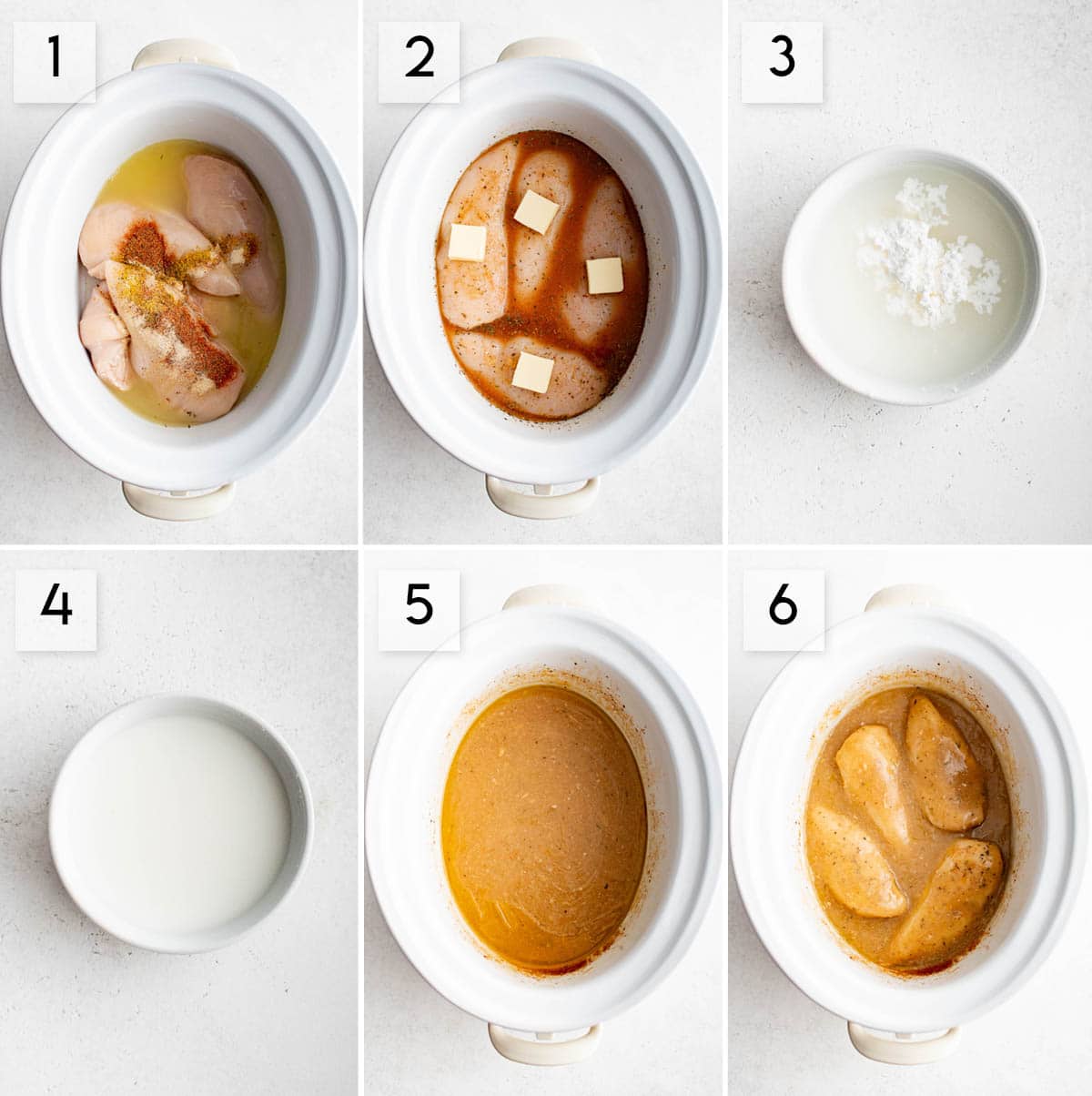six panel collage image showing how to make crockpot lemon pepper butter chicken