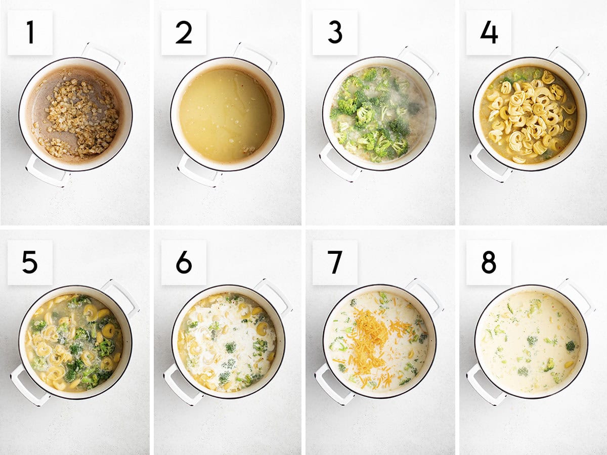 eight panel collage image showing how to make broccoli cheddar tortellini soup