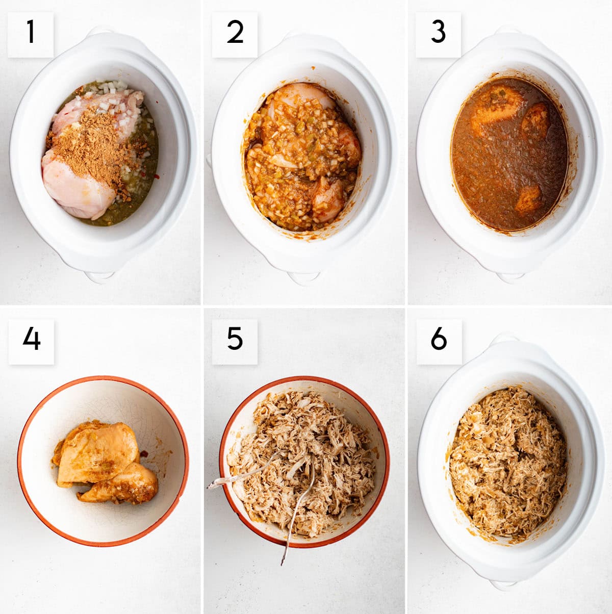 six panel collage image showing how to make crockpot green chile chicken tacos