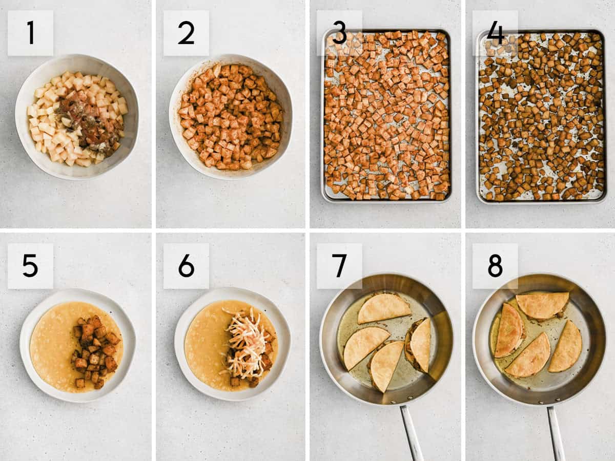 eight panel collage image showing how to make fried potato tacos