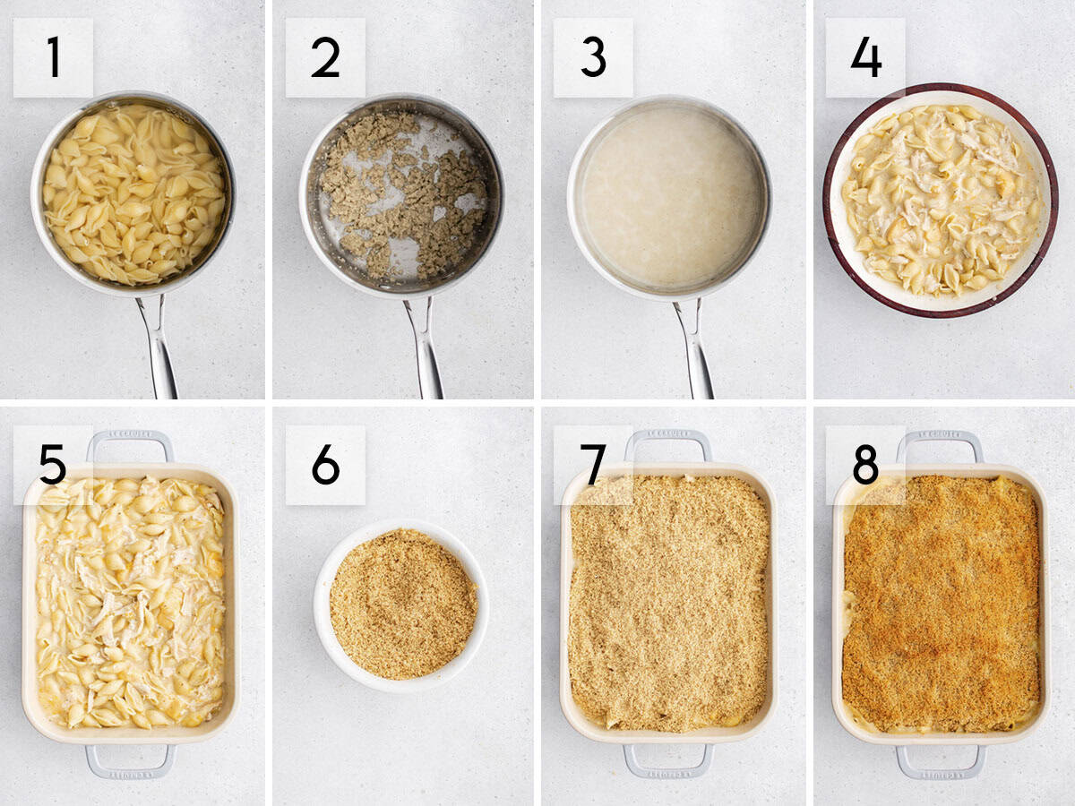 eight panel collage image showing how to make huntington chicken casserole
