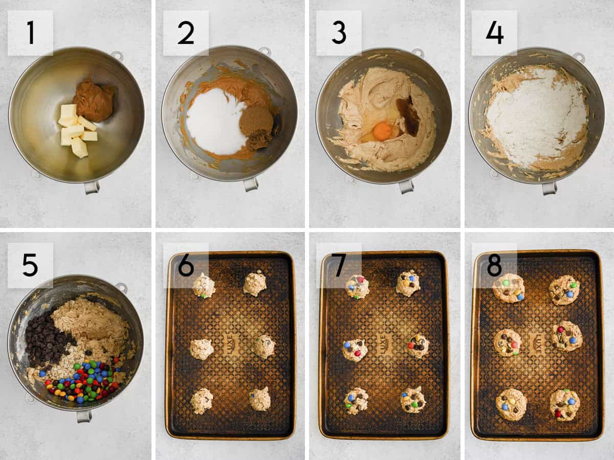 8 panel collage image showing how to make monster cookies