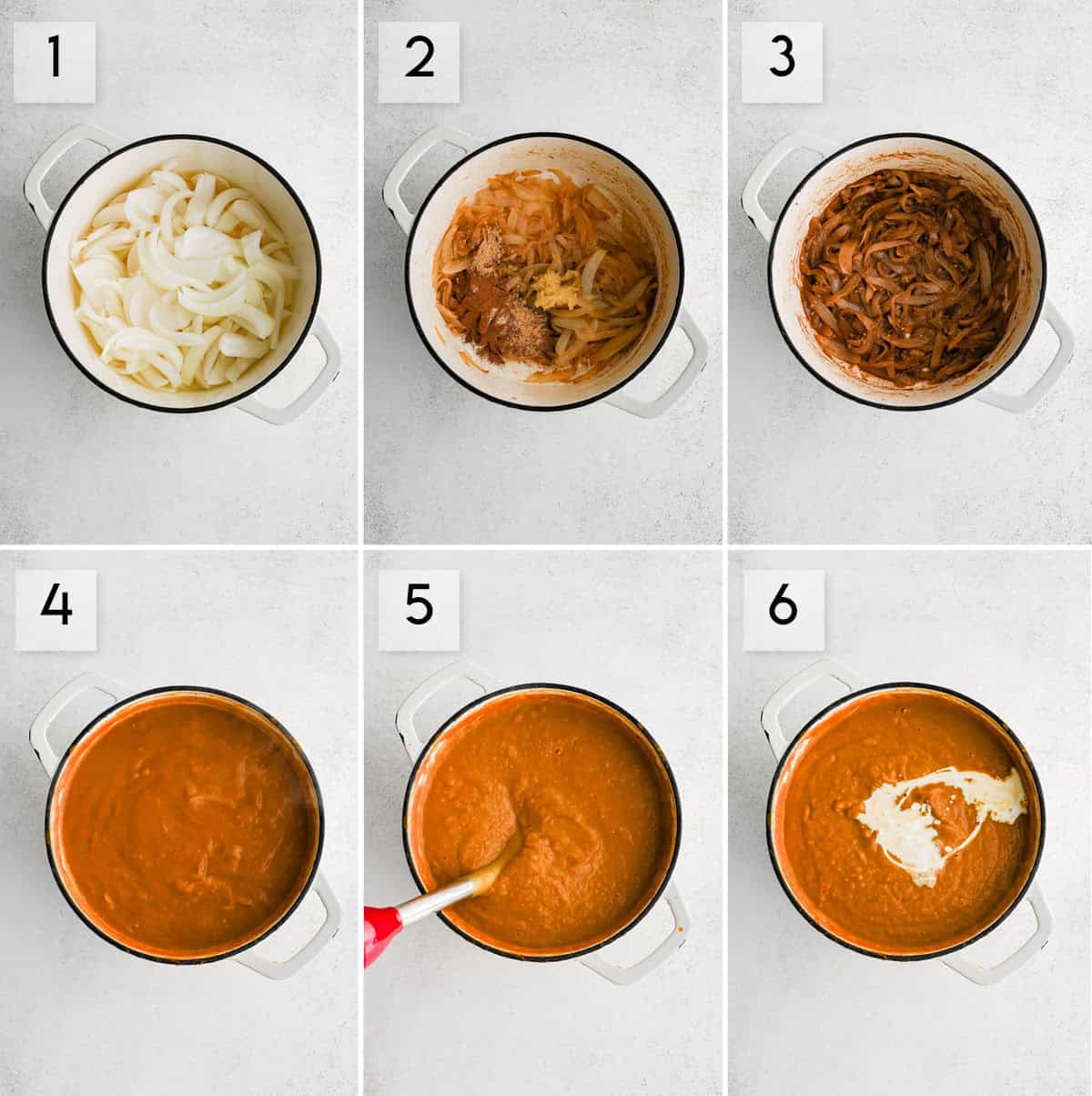 six panel collage image showing how to make pumpkin soup