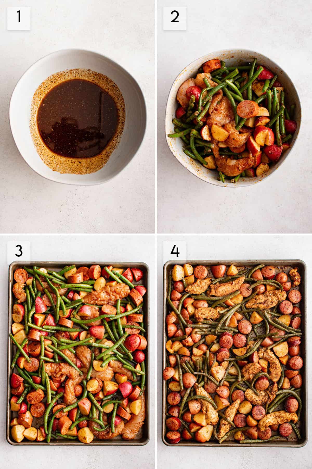 four panel collage image showing how to make chicken sheet pan dinner