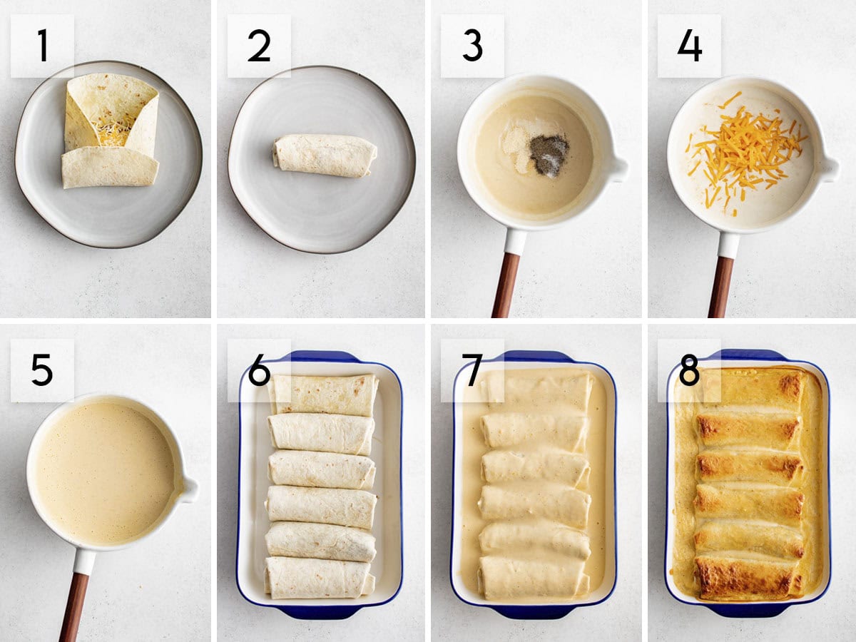 eight panel collage image showing how to make smothered bean & cheese burritos