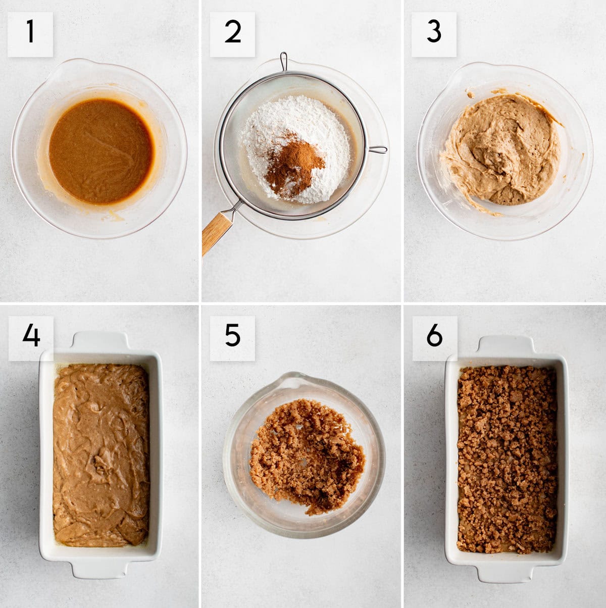 six panel collage image showing the process of making apple butter bread