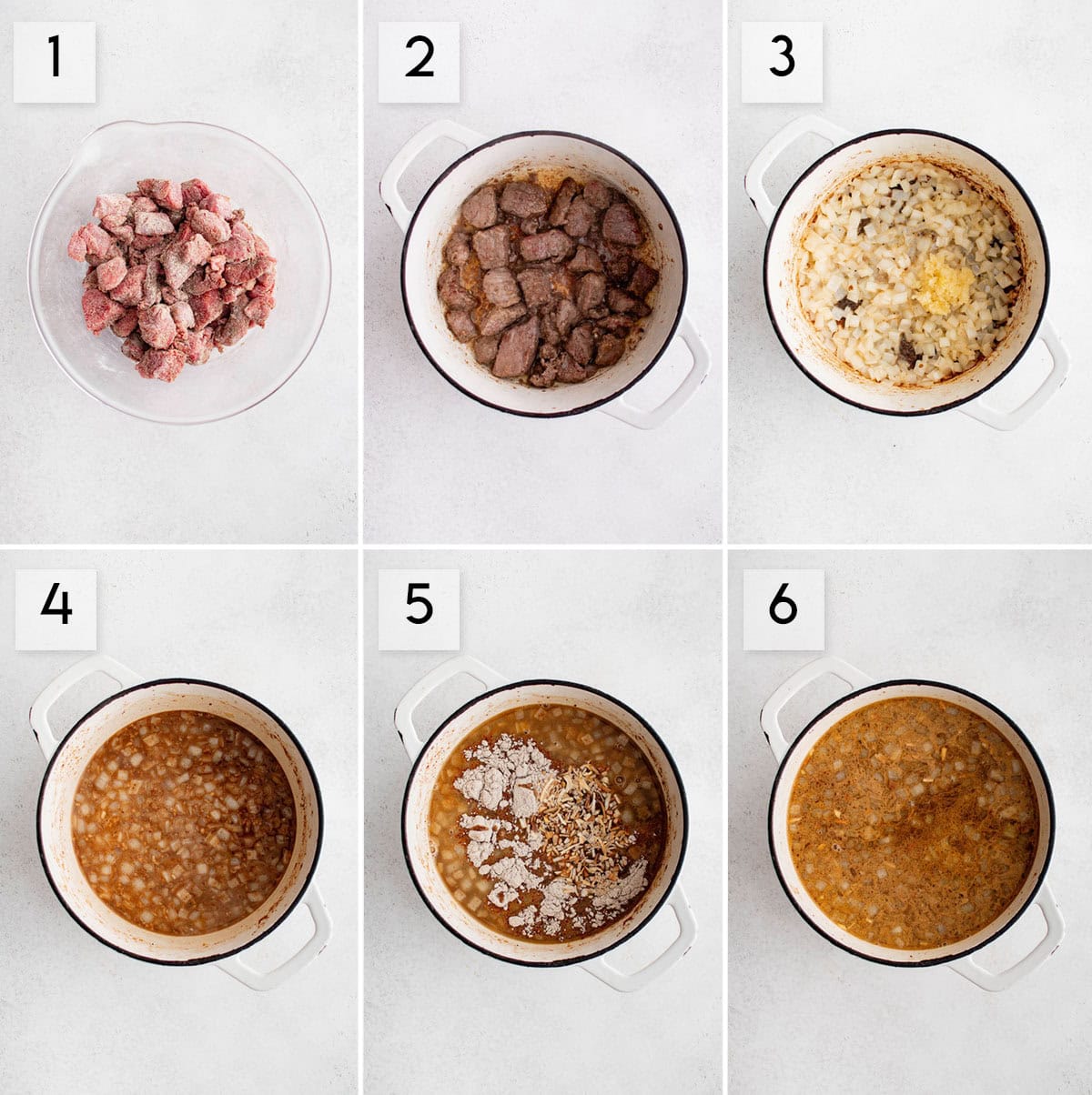 six panel collage image showing the process of making beef tips & gravy