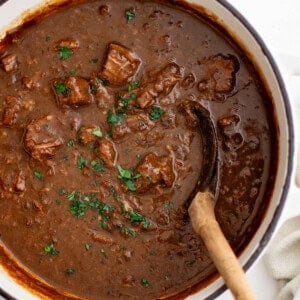 photo of beef tips and gravy in a dutch oven