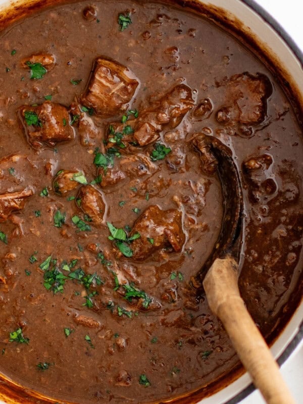 photo of beef tips and gravy in a dutch oven