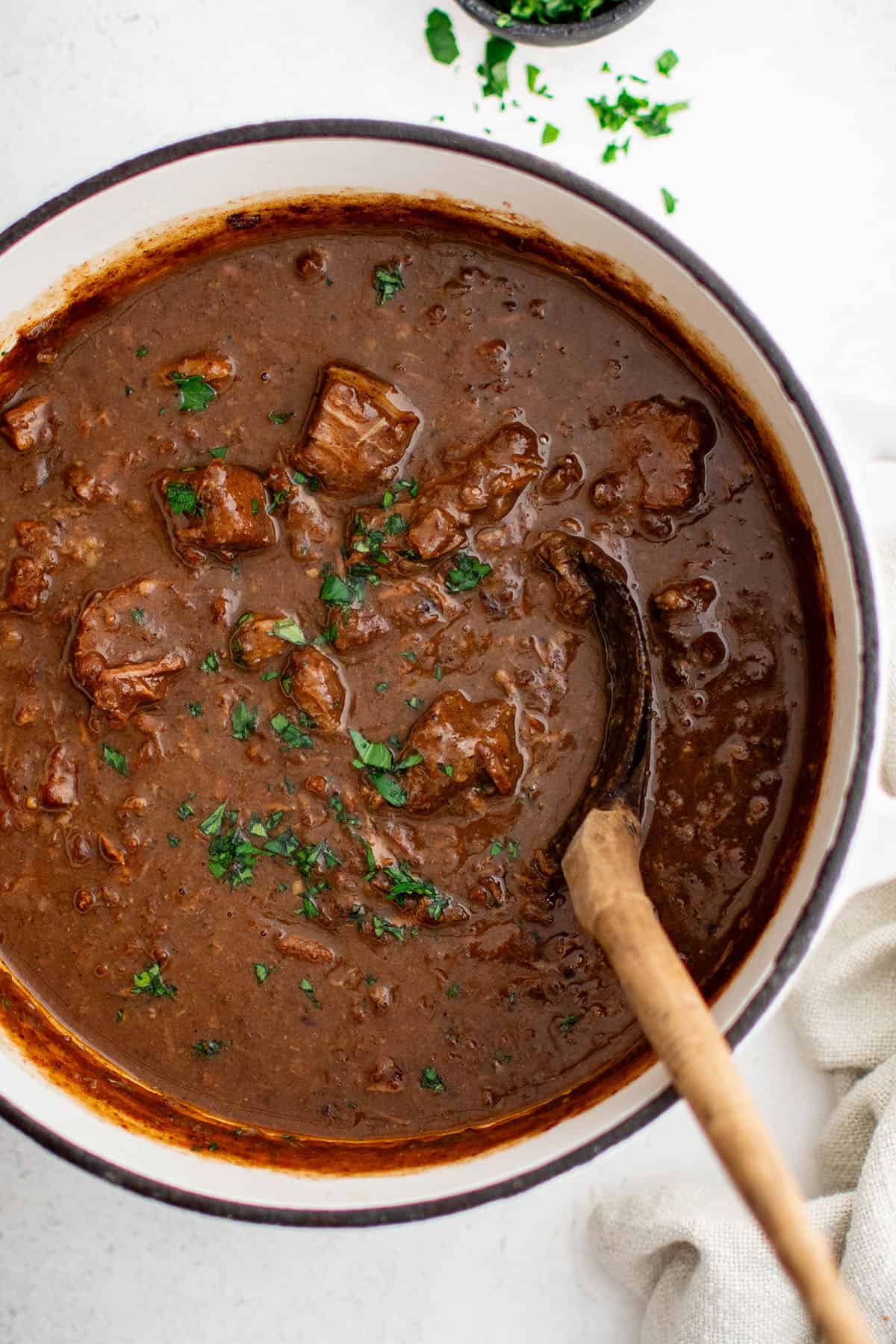 beef tips and gravy in a large cooking pot
