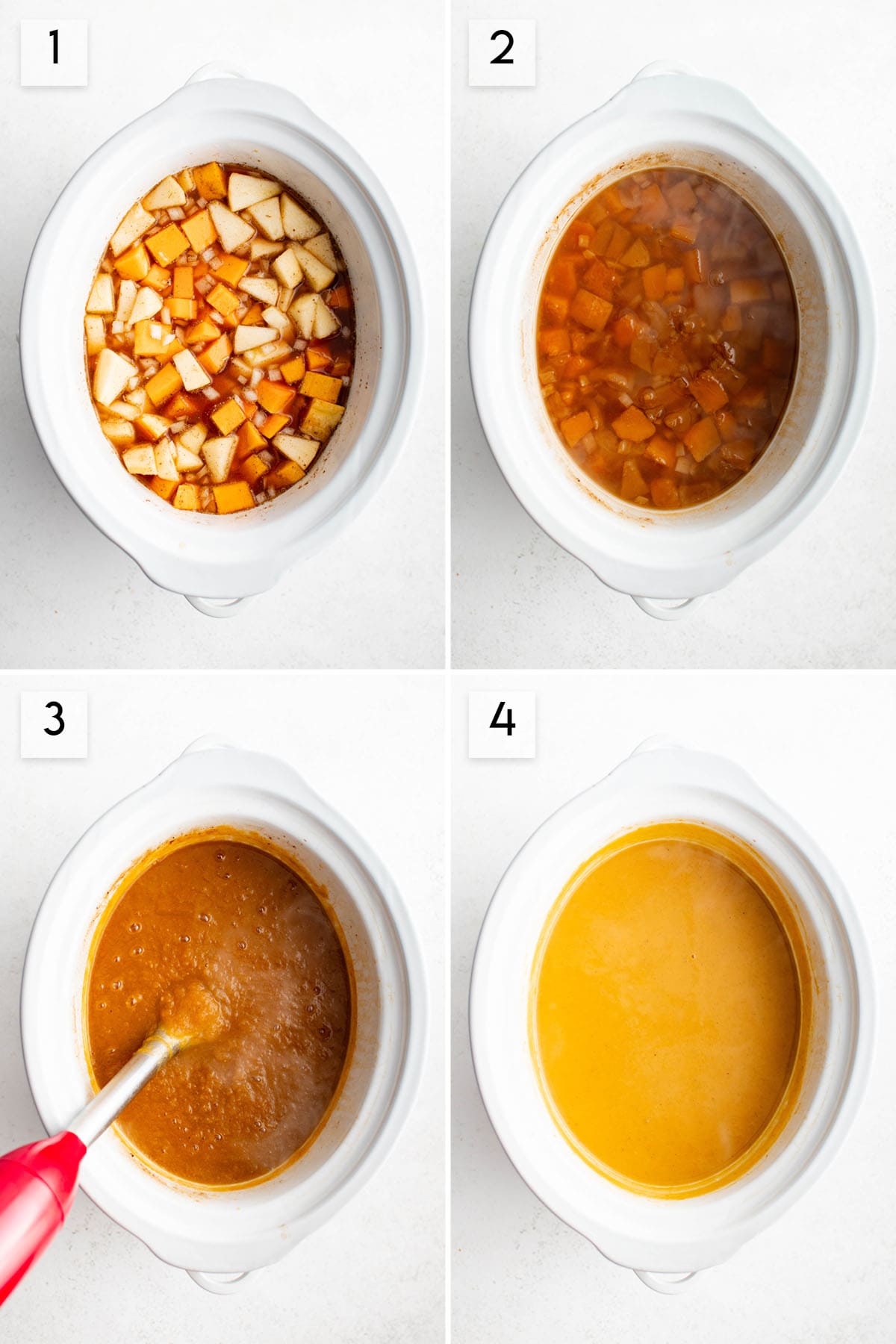 four panel collage image showing how to make crockpot butternut squash soup