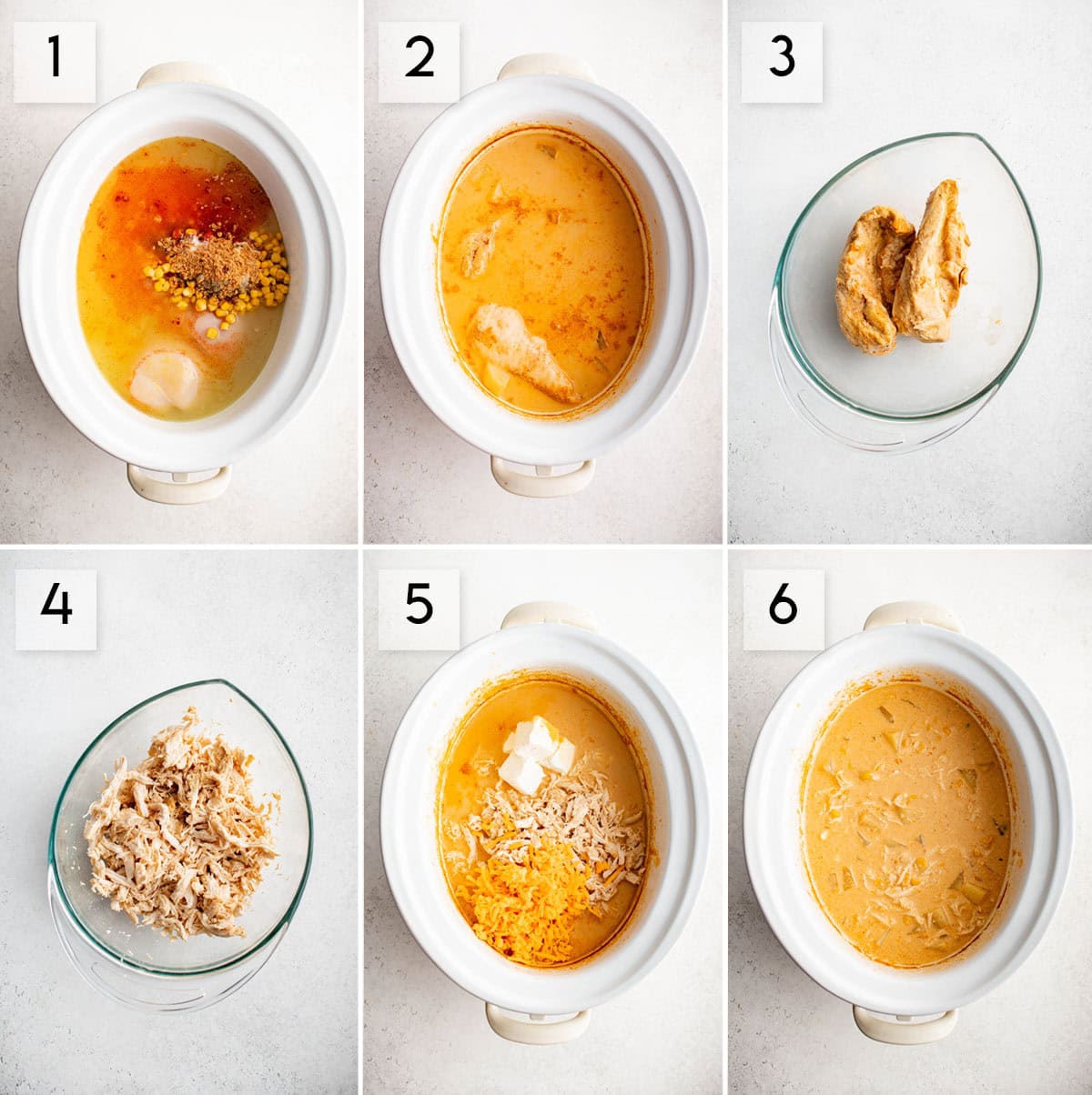 six panel collage image showing how to make crockpot queso chicken chowder