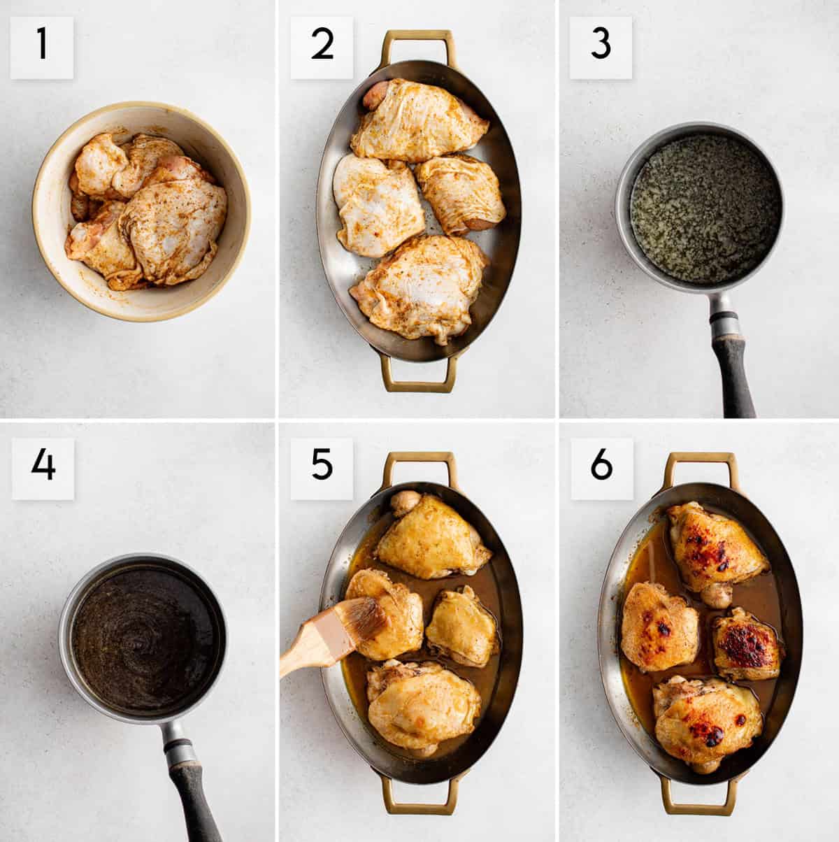 six panel collage image showing the process of making honey garlic chicken