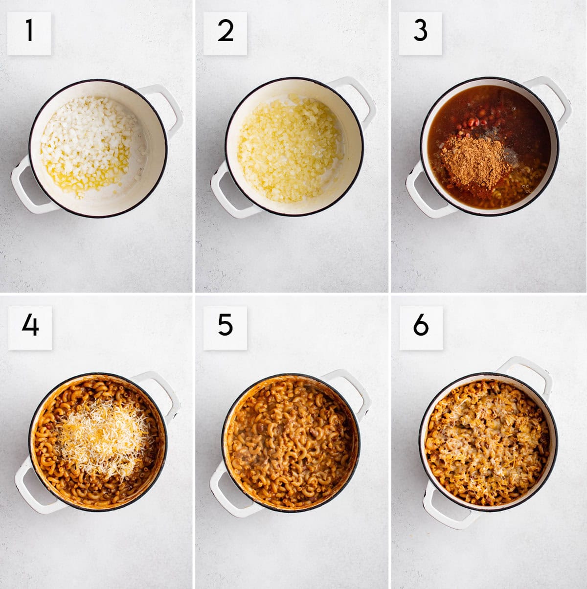 six panel collage image showing how to make meatless taco mac & cheese