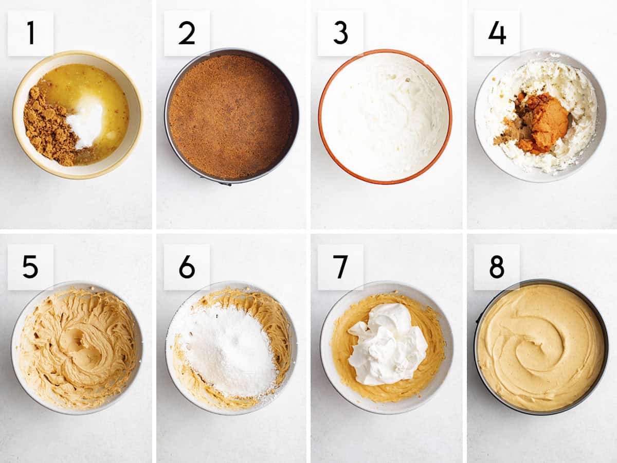 eight panel collage image showing the process of making no bake pumpkin cheesecake