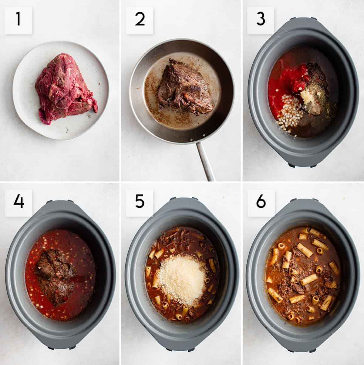 six panel collage image showing the process of making crockpot chuck roast rigatoni soup