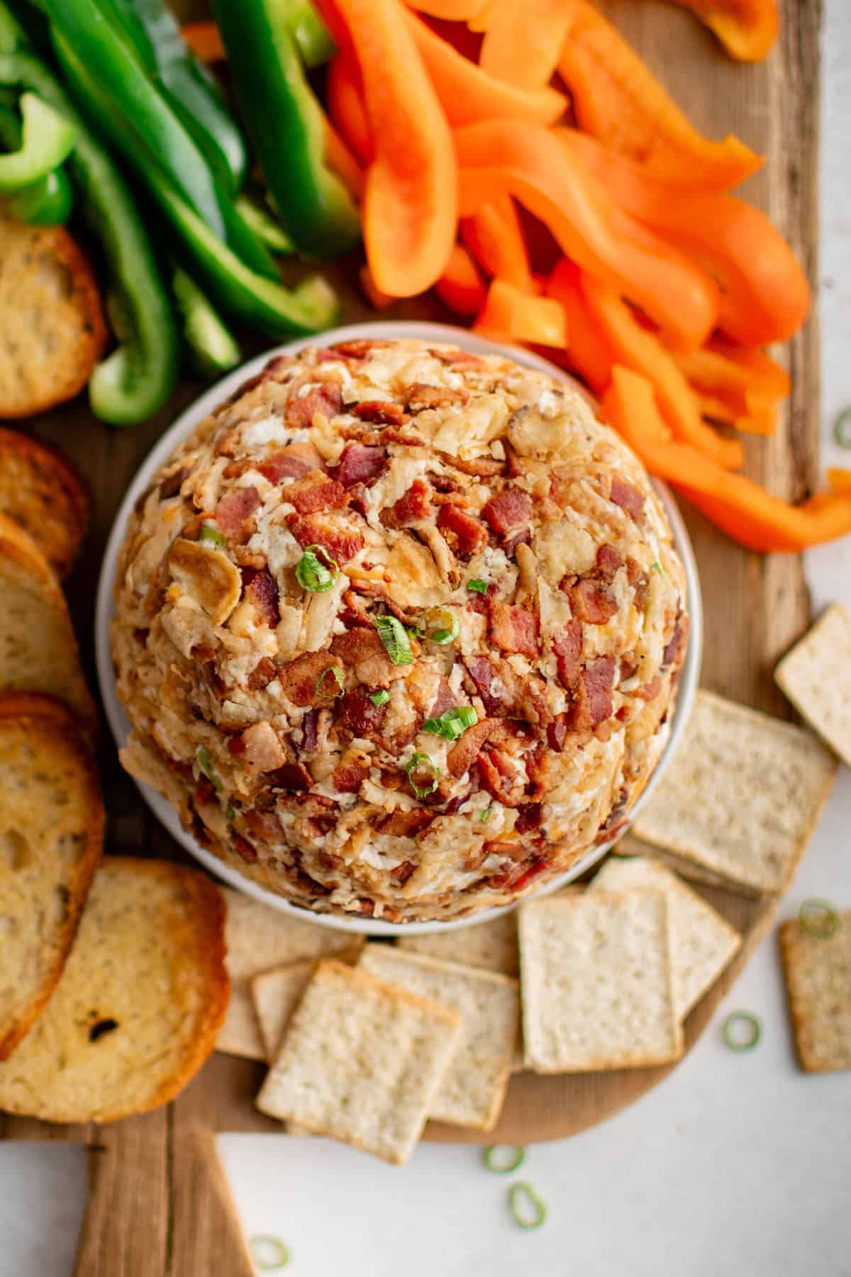 French onion cheese ball on a serving platter