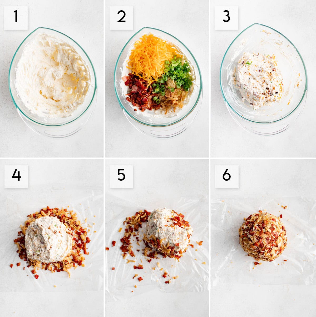 six panel collage image showing the process of making French onion cheeseball