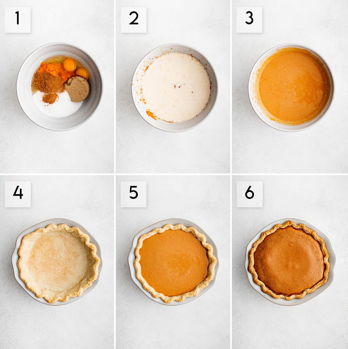 six panel collage image showing the process of making a pumpkin pie