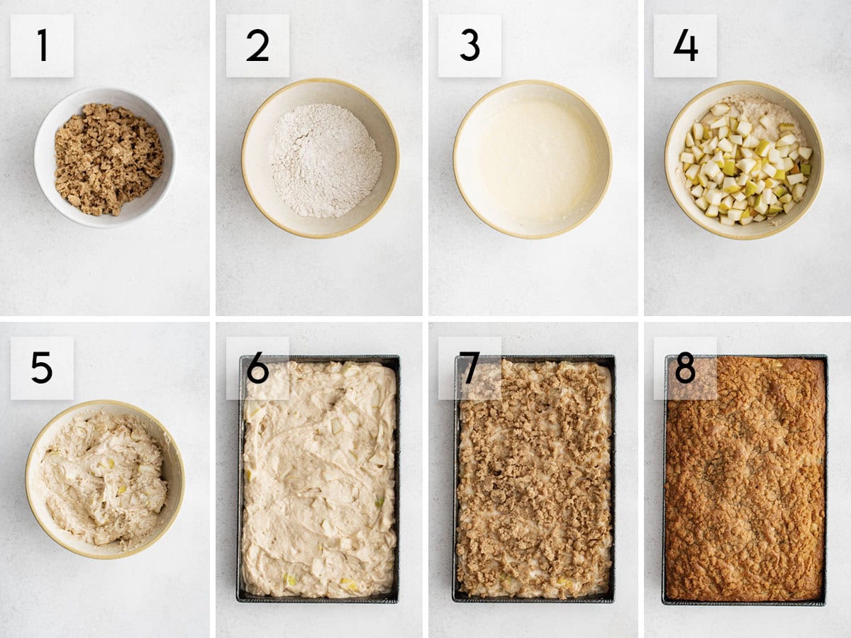 photo collage showing how to make pear breakfast cake step by step