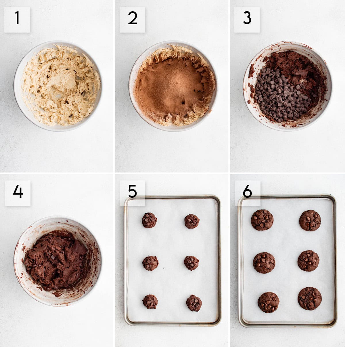 six panel collage image showing how to make chocolate cookies