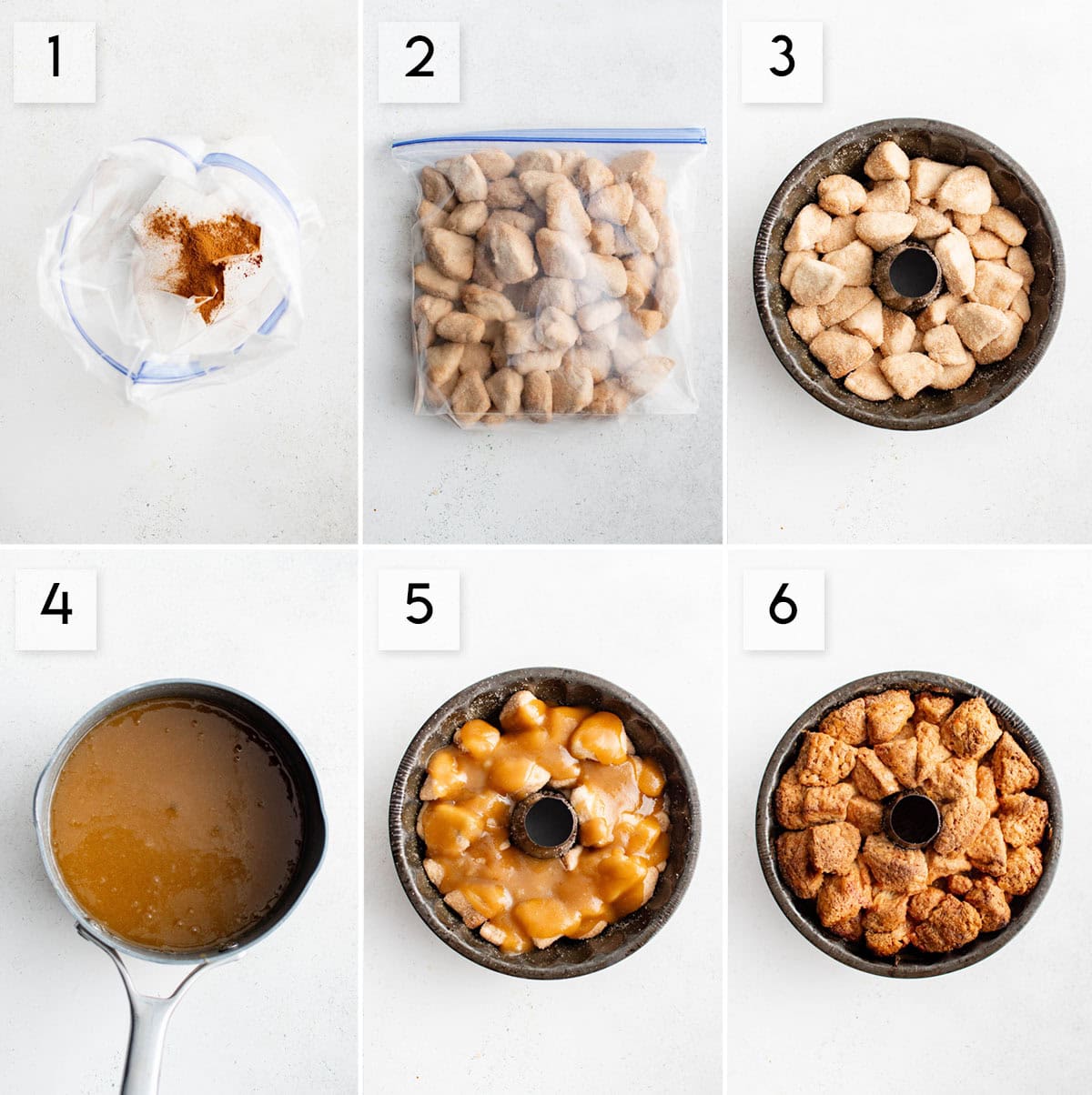 six panel collage image showing the process of making monkey bread