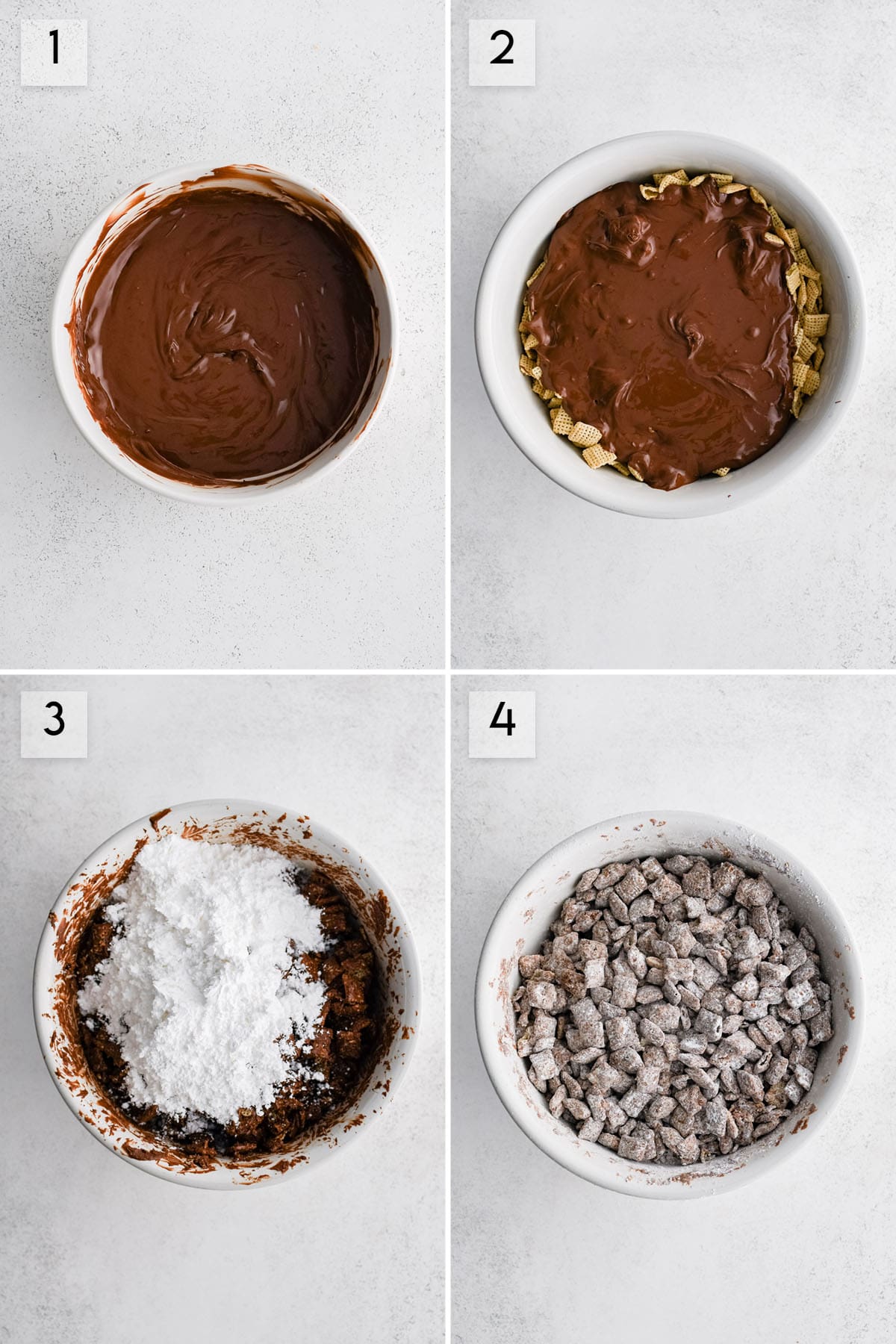 four panel collage image showing how to make puppy chow