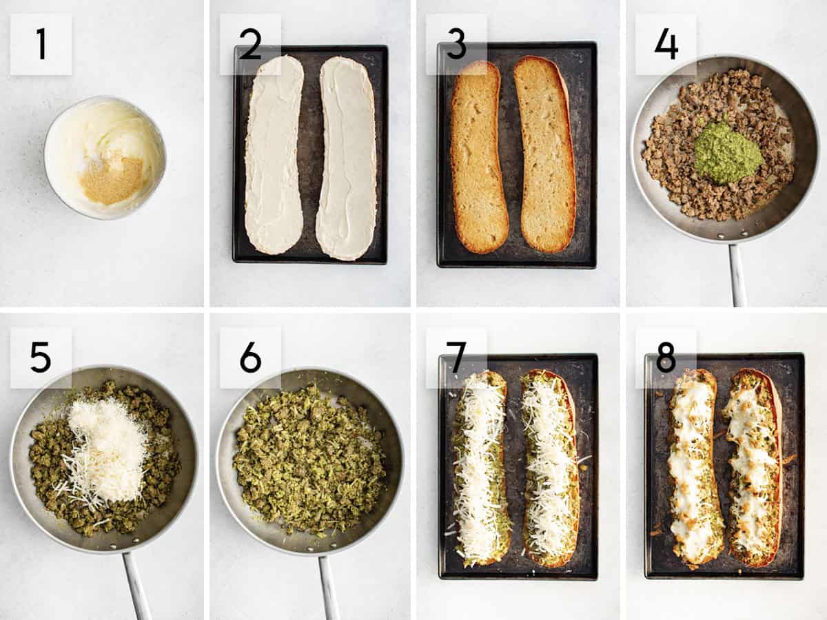 eight panel collage image showing how to make sausage pesto garlic bread